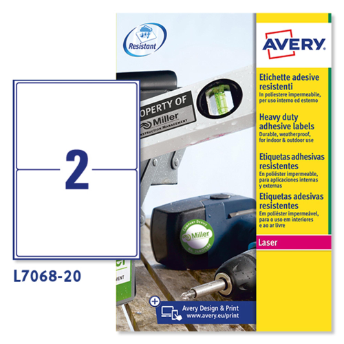 Poliestere adesivo L7068 bianco 20fg A4 199,6x143,5mm (2et/fg laser Avery